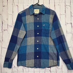 Hollister Mens Small Blue Grey Buffalo Plaid Flannel Button Down Shirt Cotton